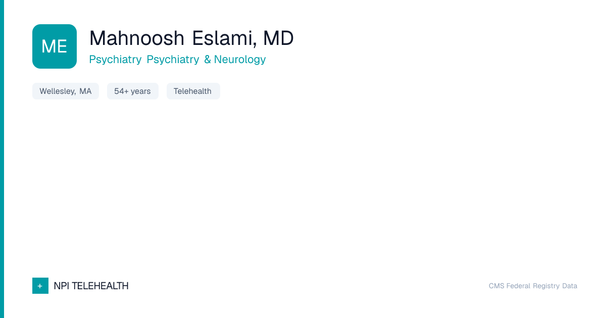 Mahnoosh Eslami | Telehealth Psychiatry in Wellesley, MA